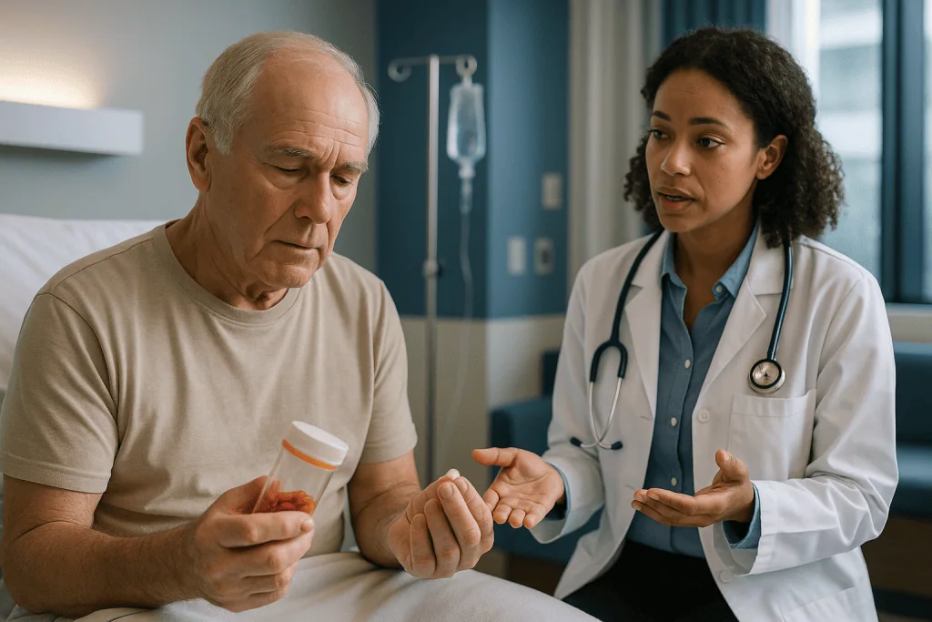 Doctor consulting elderly male patient holding medication bottle: Why does myelodysplastic syndrome cause low blood counts?