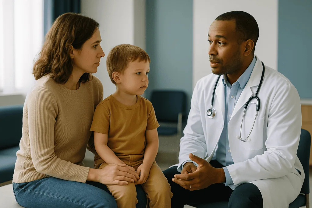 Doctor consulting with mother and young child in clinic: Why does orchiopexy age timing matter so much?