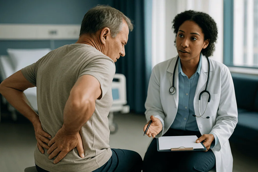 Doctor consulting male patient about back pain in clinic: Why does pain after nucleoplasty sometimes get worse before it get