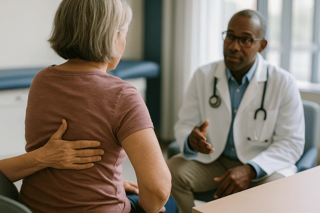 Doctor consulting senior patient about back pain: Why does pain keep going after tissue has healed?