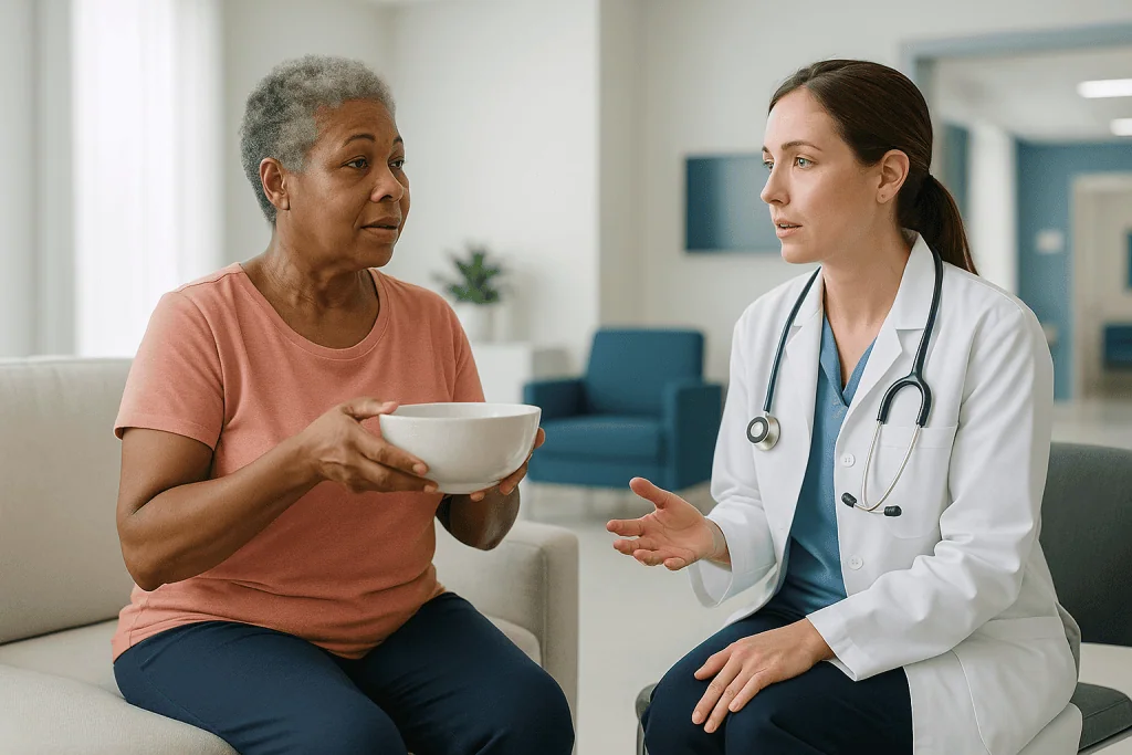Doctor consulting with patient in clinical setting: Why does prolapse after hysterectomy still happen when the uterus is gon
