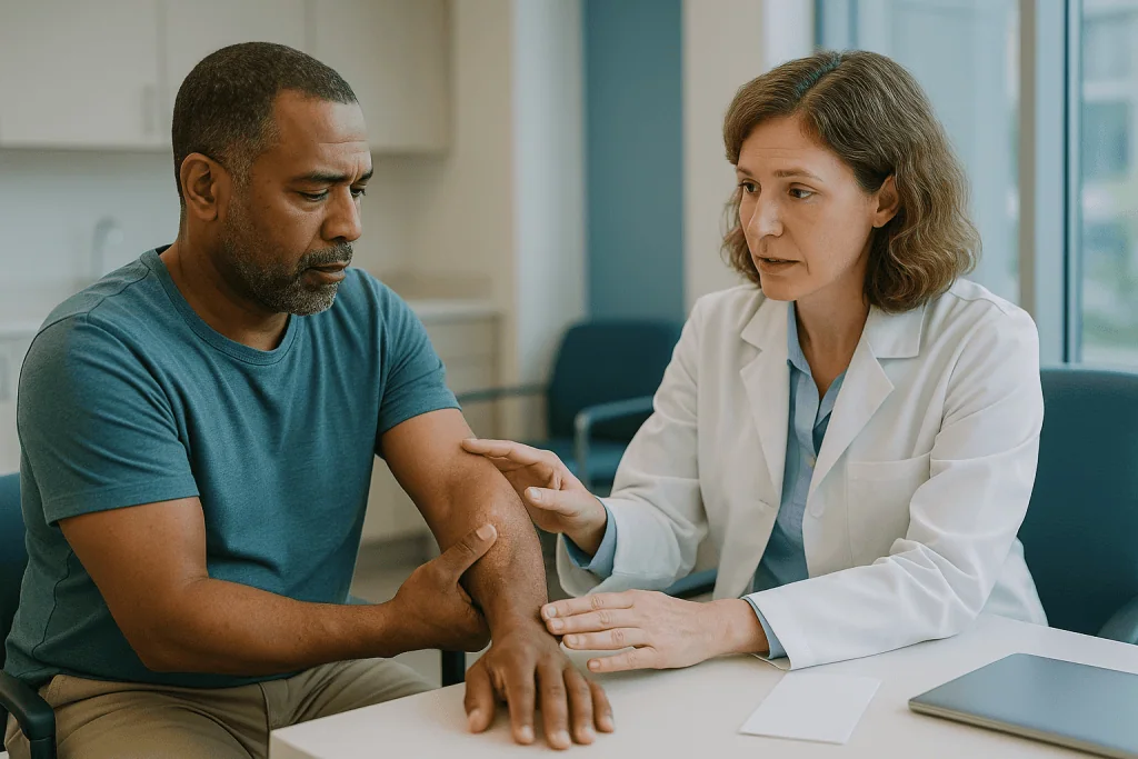 Doctor examining patient's arm for skin condition: Why does psoriasis cause joint pain in the first place?
