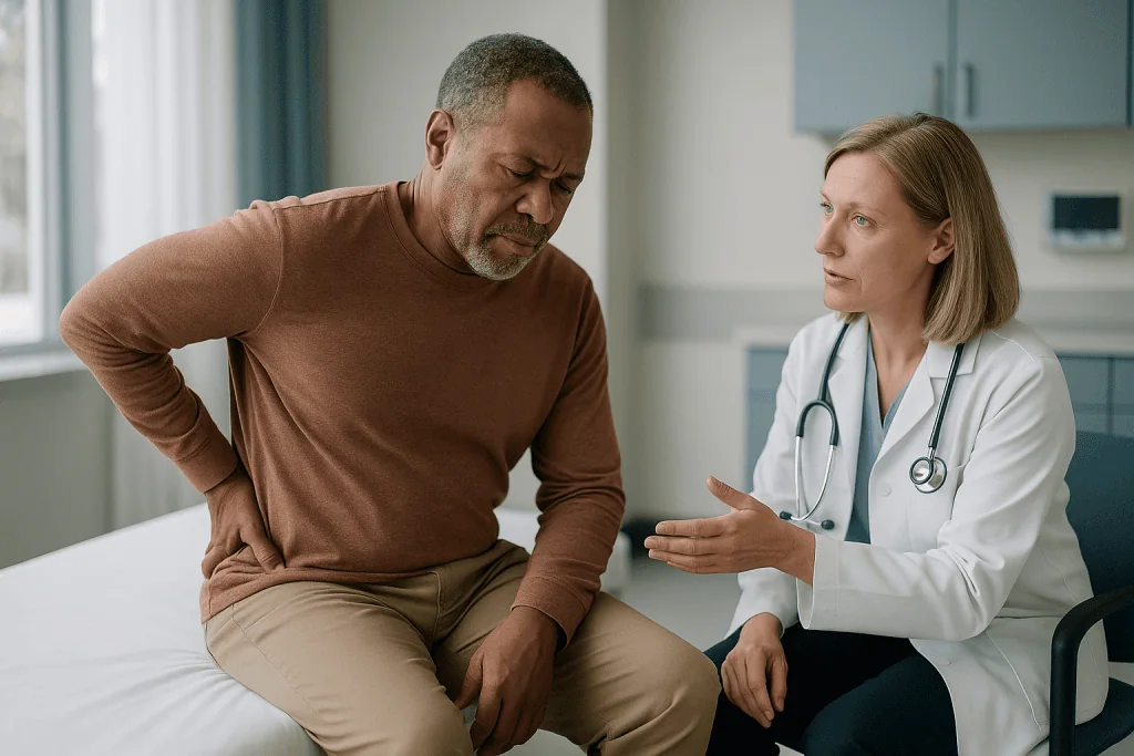 Doctor consulting patient about back or kidney pain: Why does renal osteodystrophy cause bone pain, and where is it usually 