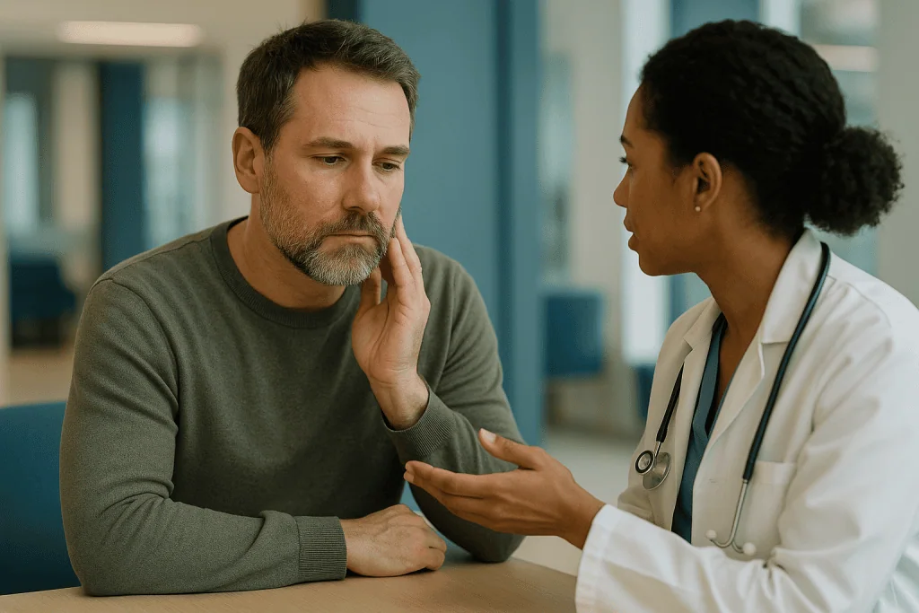 Doctor consulting with patient about facial concern: Why does seborrheic dermatitis on the face happen in the first place?