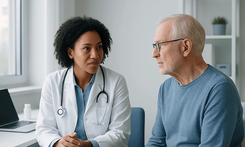 Doctor consulting elderly patient about shingles symptoms and treatment options.