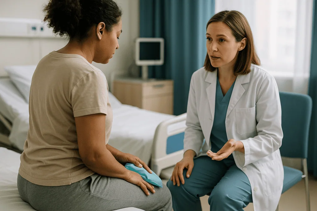 Female doctor consulting patient in hospital room: Why does swelling after labiaplasty and other genital procedures last so 