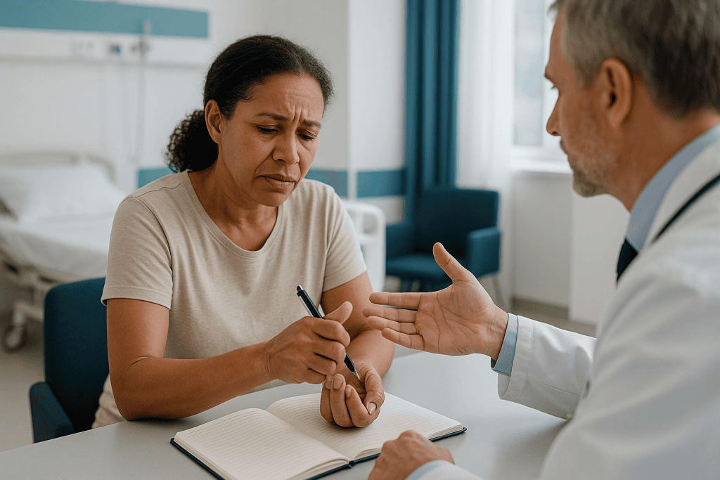 Doctor and patient in consultation, patient holding pen: Why does tenosynovitis cause so much pain for such a small structur