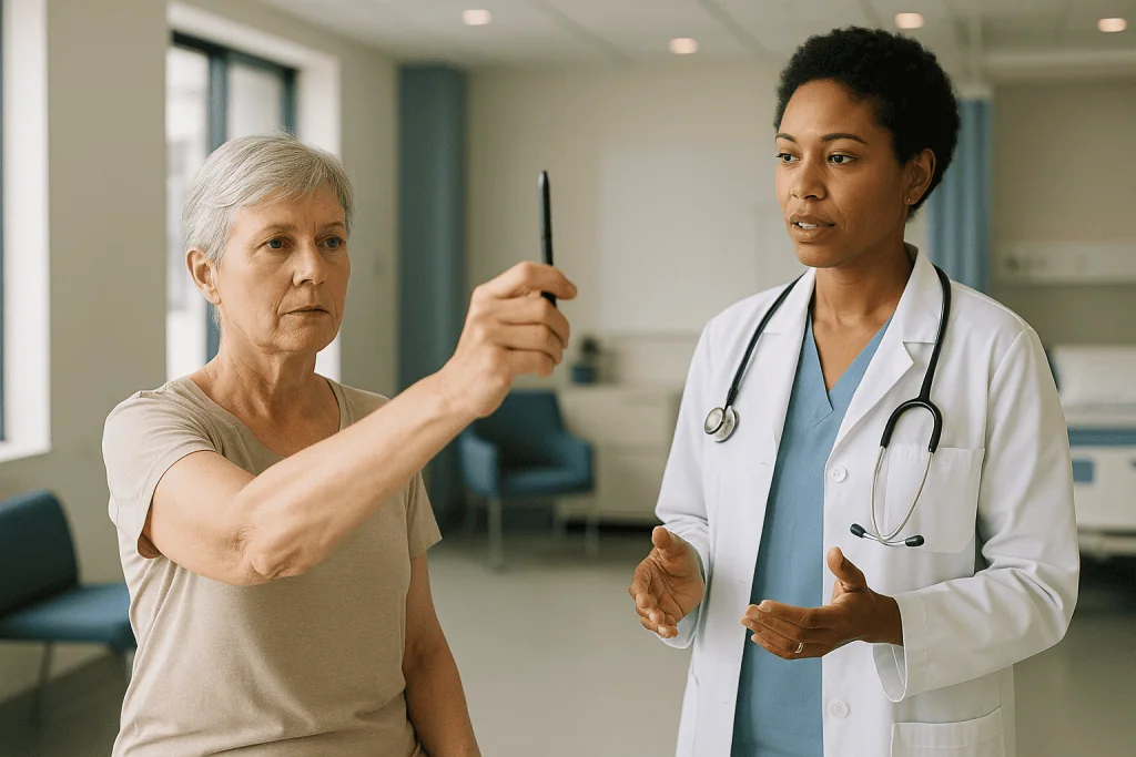 Doctor consulting elderly patient in clinic hallway — Why does the brain need retraining after an inner-ear problem?