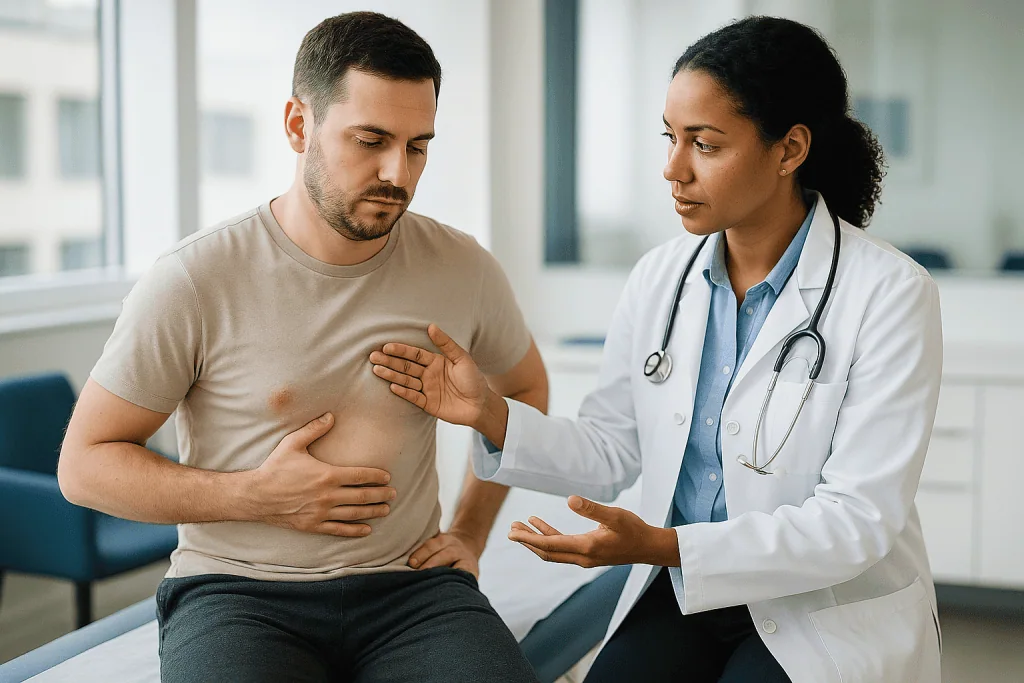 Doctor examining male patient's chest for post-surgical swelling: Why does the chest swell after surgery, and how much is no