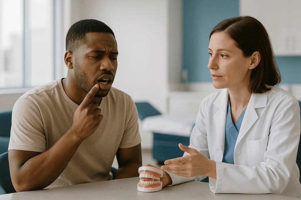Dentist consulting patient about dental model: Why does the gum line look uneven or too low in the first place?