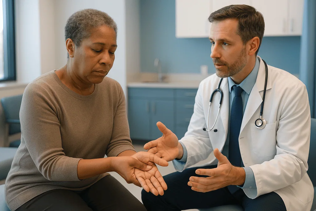 Doctor examining patient's hand during consultation: Why does the heel of the hand hurt after carpal tunnel release?