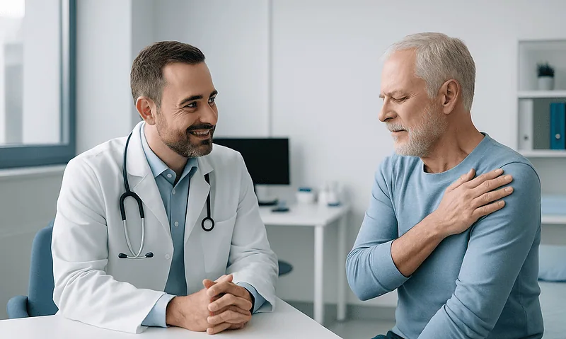 Doctor consulting with patient about shoulder pain after surgery.