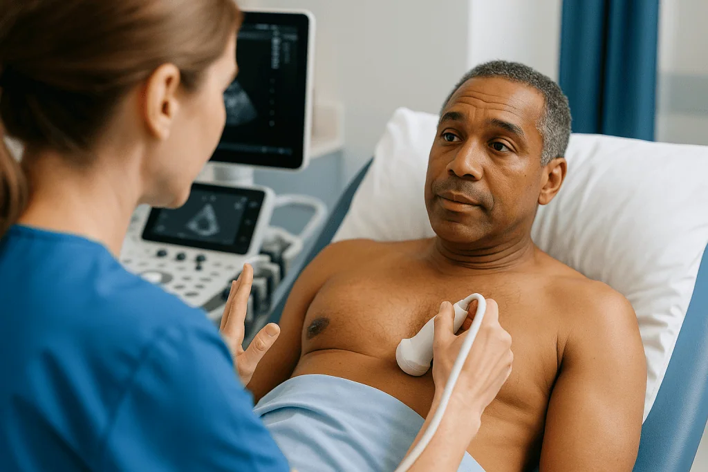 Sonographer performing cardiac ultrasound on male patient — Why does the sonographer press so hard, and why the breath-holds?