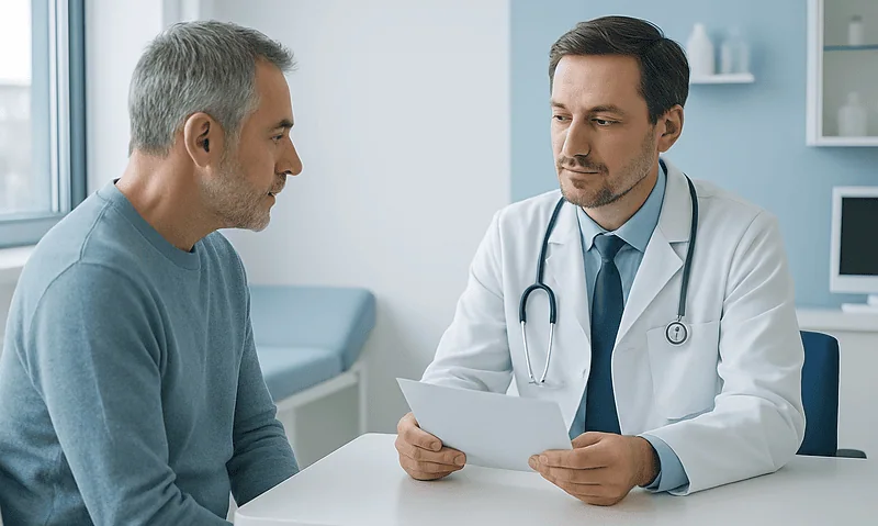 Endocrinologist consulting with a middle-aged male patient in a medical office.