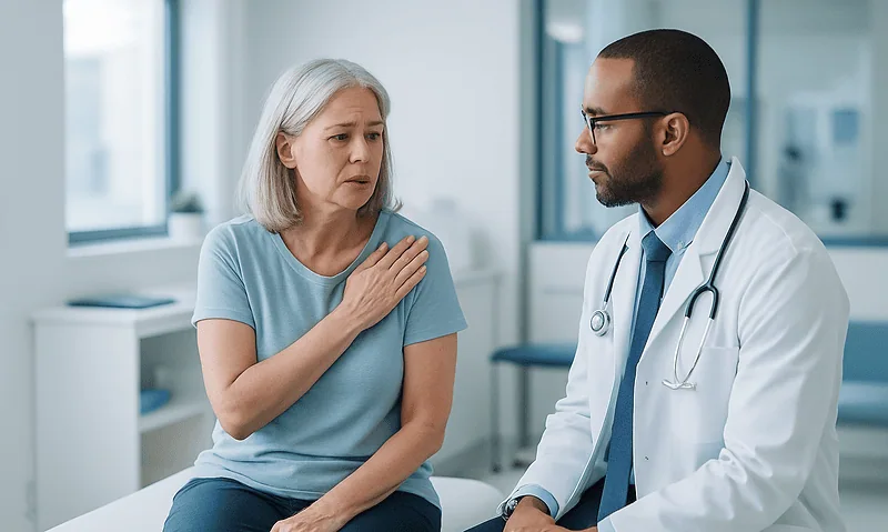 Doctor consulting with a woman patient in a hospital room.