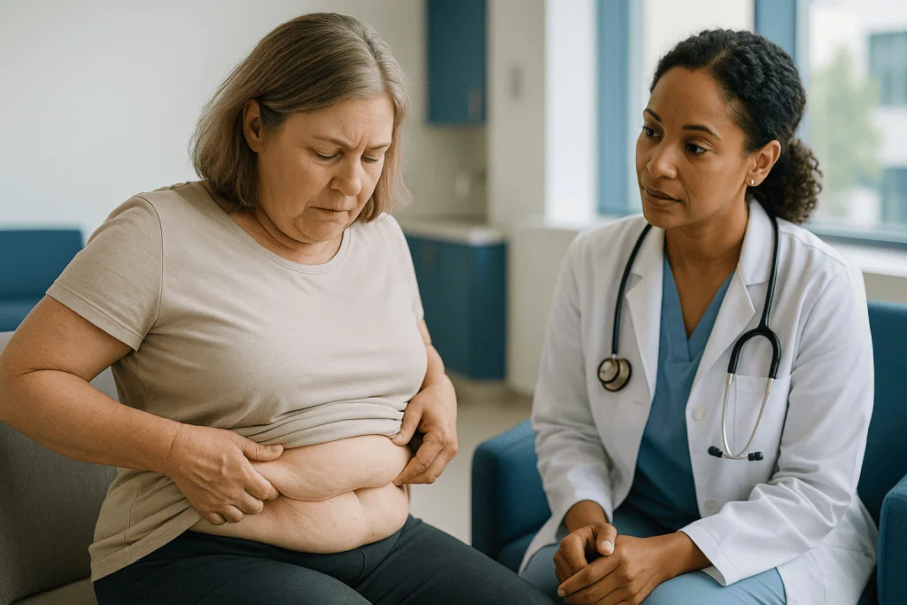 Doctor consulting patient about abdominal weight or body concerns: Why doesn't skin shrink back after major weight loss?