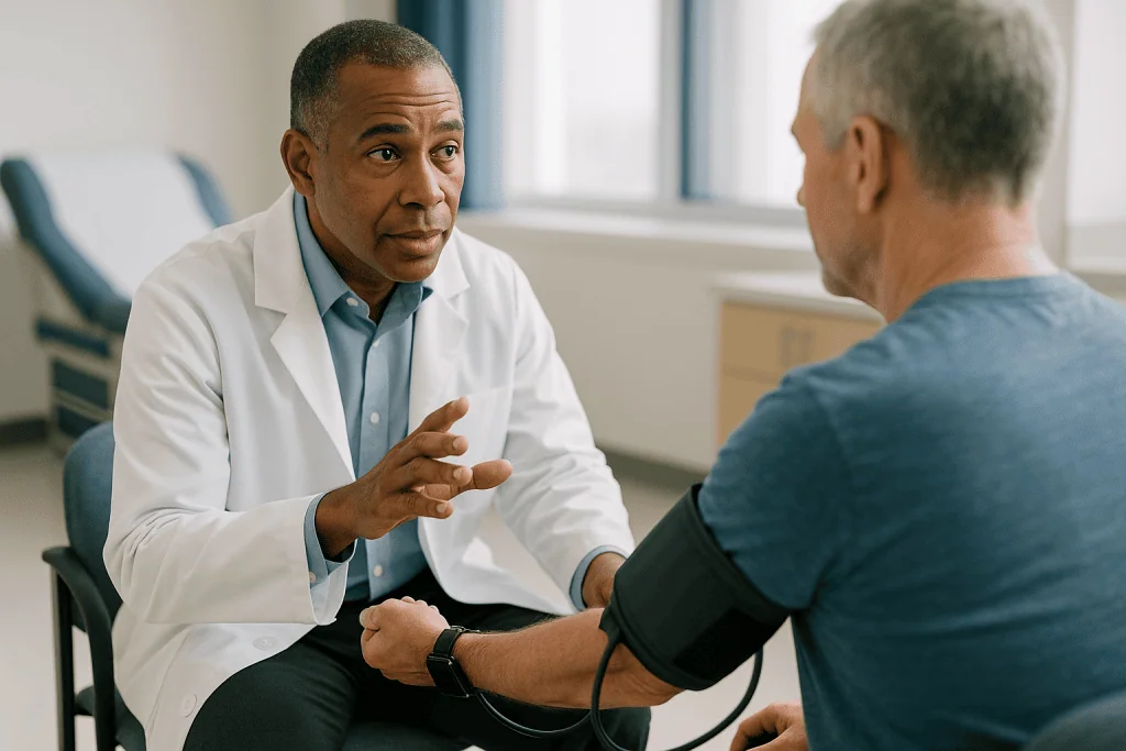Doctor consulting adult patient, taking blood pressure measurement: Why doesn't the Apple Watch do blood pressure? The physi