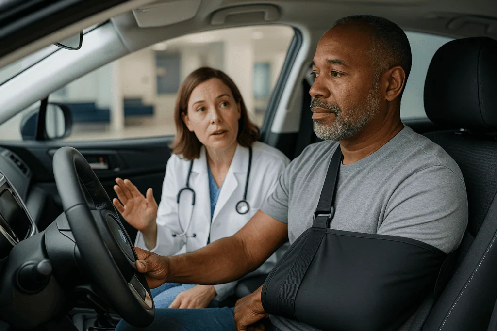 Doctor consulting patient with arm injury in car: Why driving after rotator cuff surgery is about three gates, not a date