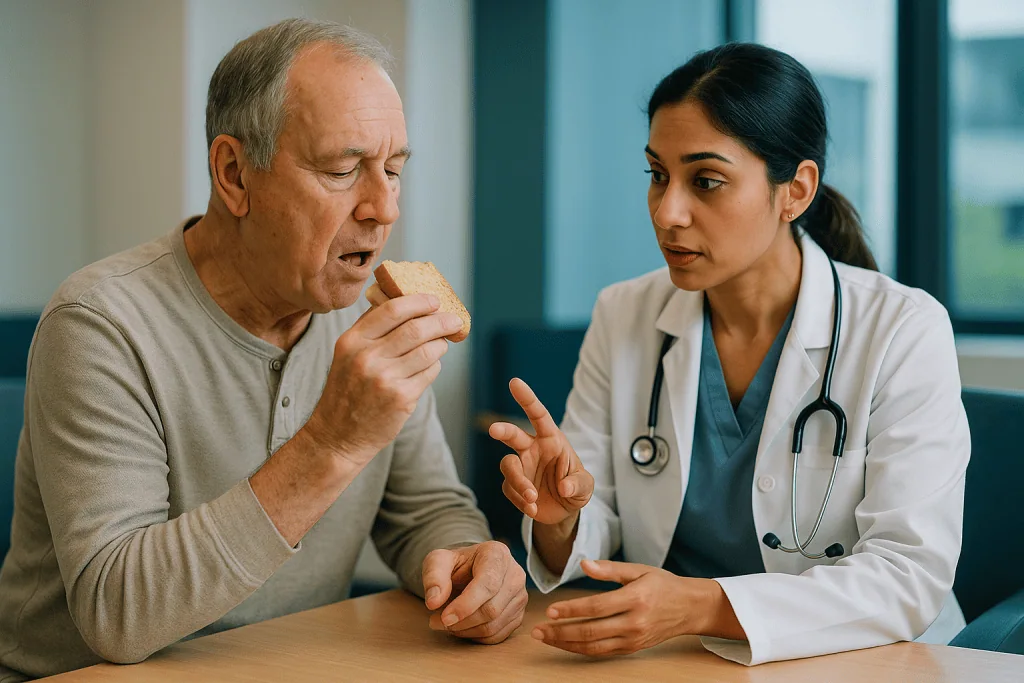 Older man eating sandwich, consulting with female doctor: Why dry mouth changes how a prosthesis fits and holds