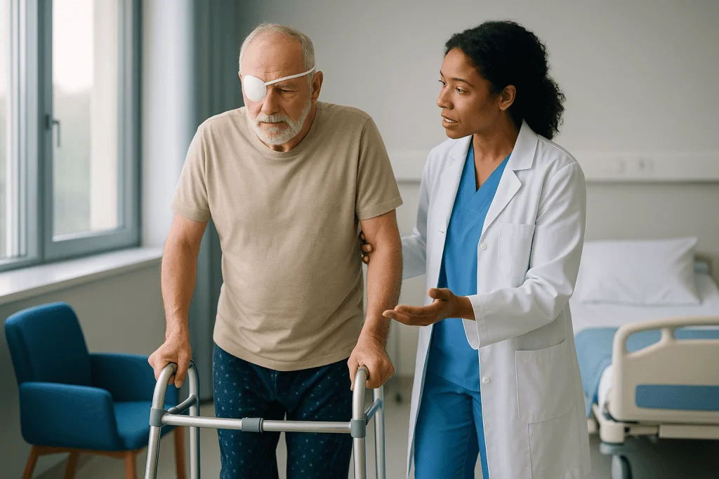 Elderly patient with eye patch walking with walker, supervised by female doctor: Why early supervised walking matters after 