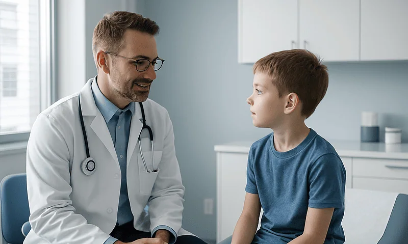 Doctor talking to young boy in a medical consultation room.