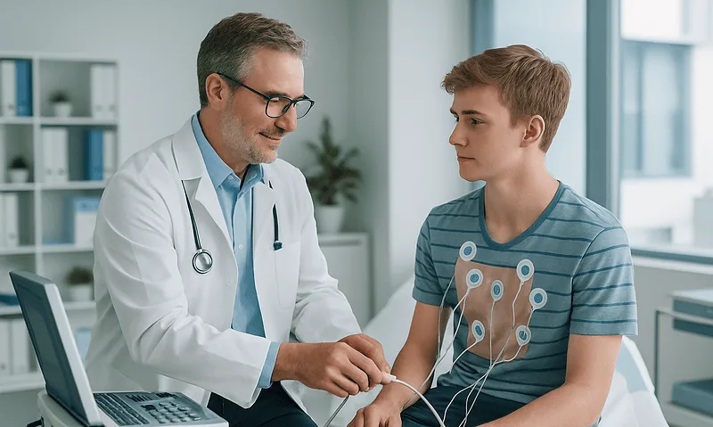 Doctor performs ECG test on teenage patient in clinic.