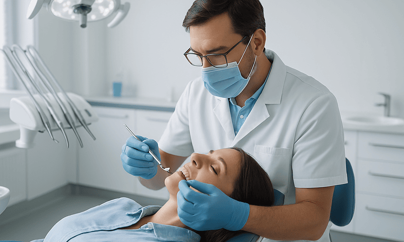 Dentist performing dental examination on patient in clinic.