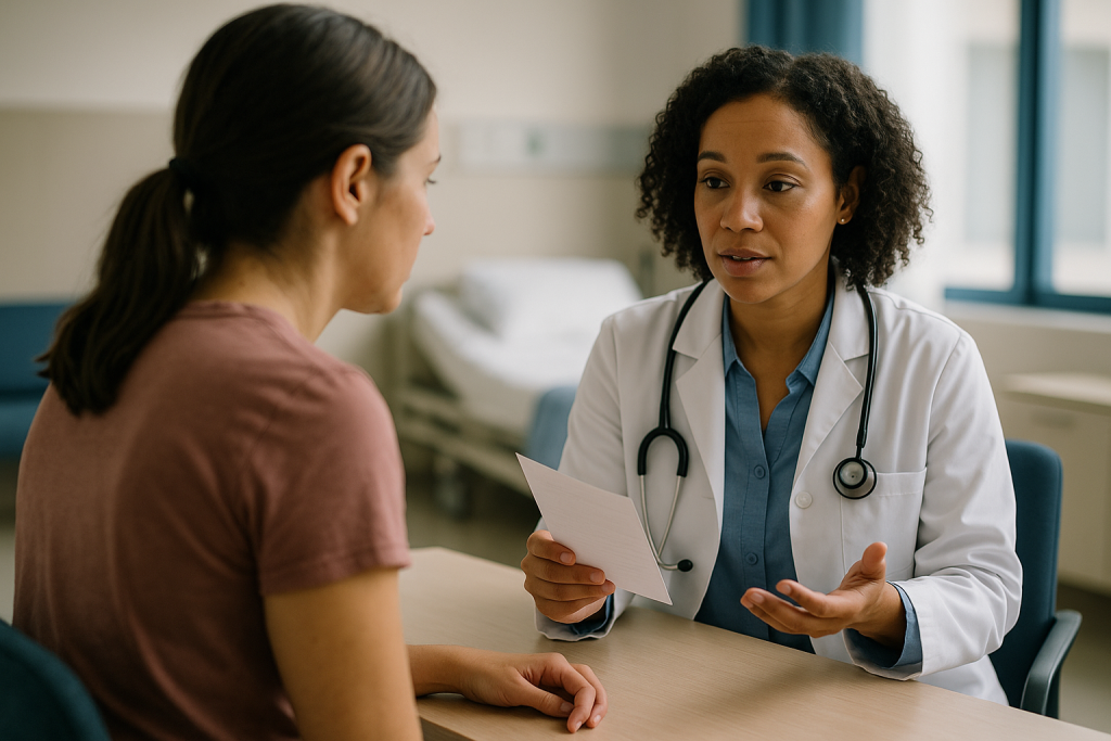 Doctor consulting patient with medical document: Why endometriosis treatment usually happens in steps
