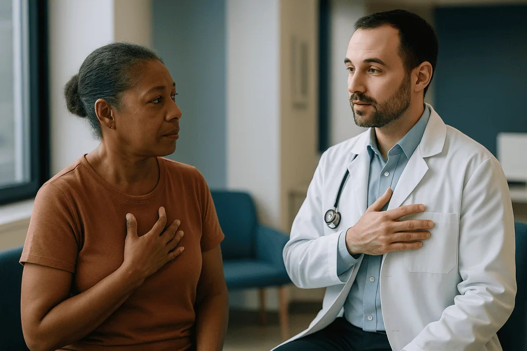 Doctor consulting patient about heart condition in clinic: Why Everyone Points to the Left