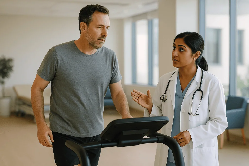 Doctor consulting patient on treadmill during cardiac rehabilitation: Why exercise after myocarditis is riskier than exercis