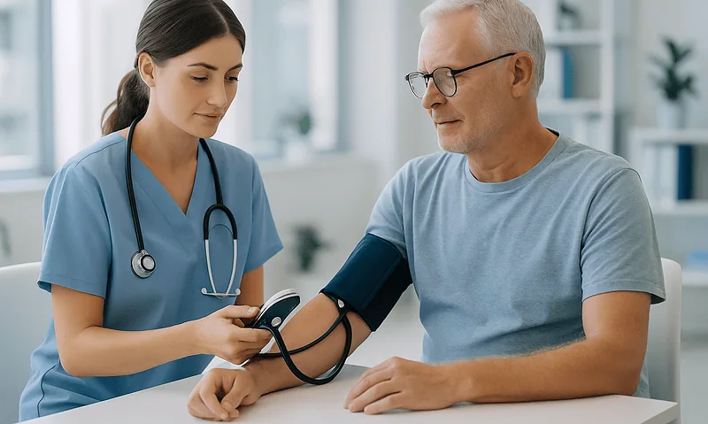 Healthcare professional measuring blood pressure of an elderly man in a clinic.