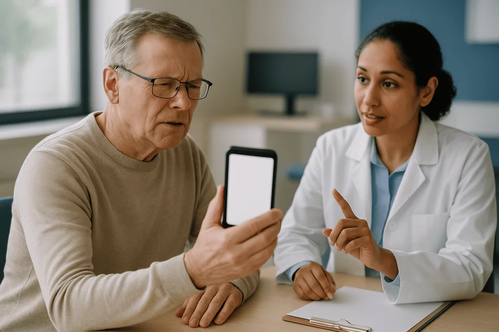 Doctor consulting with older patient using smartphone: Why farsightedness is a different problem than nearsightedness