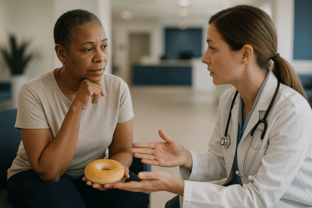 Doctor discussing donut with patient about diet: Why fasting matters: how the FDG tracer competes with sugar
