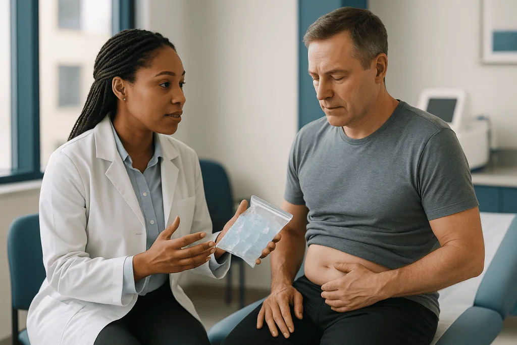 Doctor consulting patient about abdominal area in clinic — Why fat freezes before skin does: the science of cryolipolysis