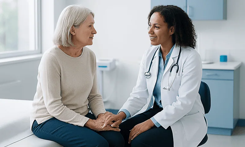 Doctor consulting with an elderly female patient in a medical office.