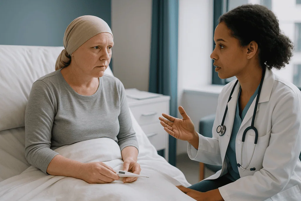 Doctor consulting patient in hospital room setting: Why fever during leukemia treatment is an emergency, not a wait-and-see