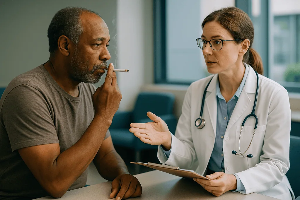 Doctor consulting patient in office setting: Why flaps and grafts are especially vulnerable to smoke