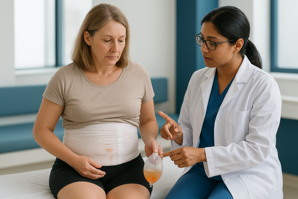 Doctor consulting pregnant patient about abdominal fluid drainage: Why fluid drains in the first days after tumescent liposu