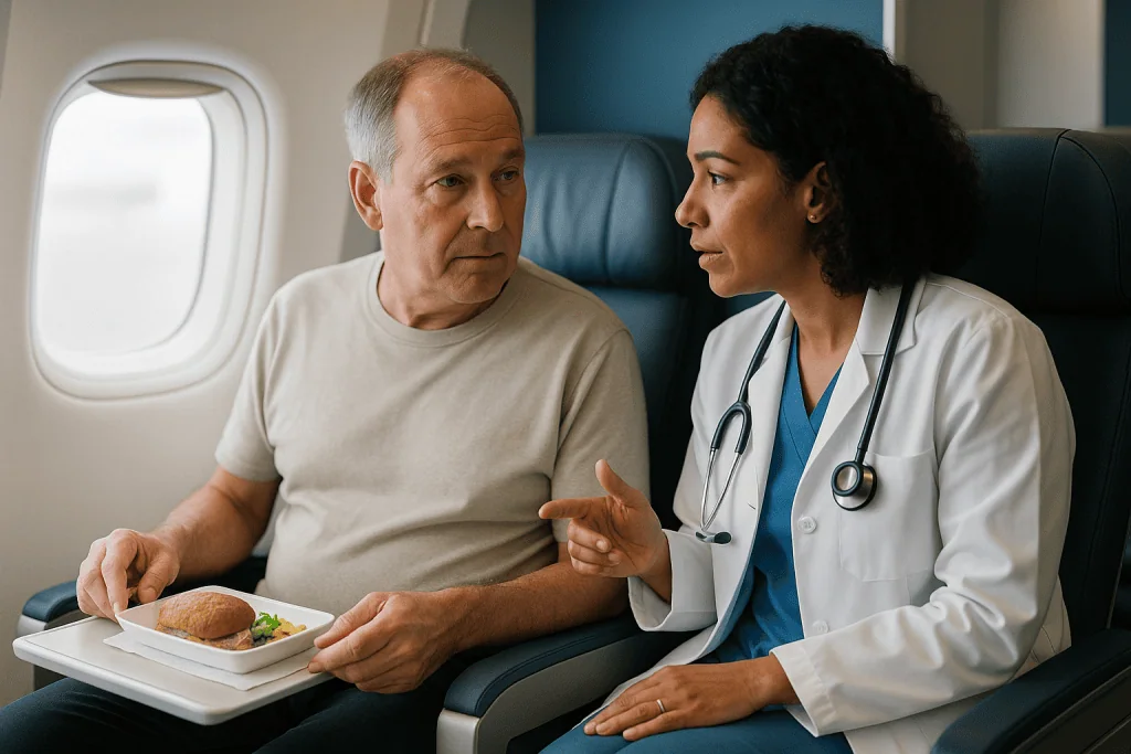 Doctor consulting patient on airplane with meal tray: Why flying after pulmonary embolism is a different question than flyin