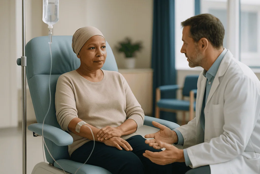 Doctor consulting with cancer patient receiving IV chemotherapy: Why give adjuvant chemotherapy after surgery instead?
