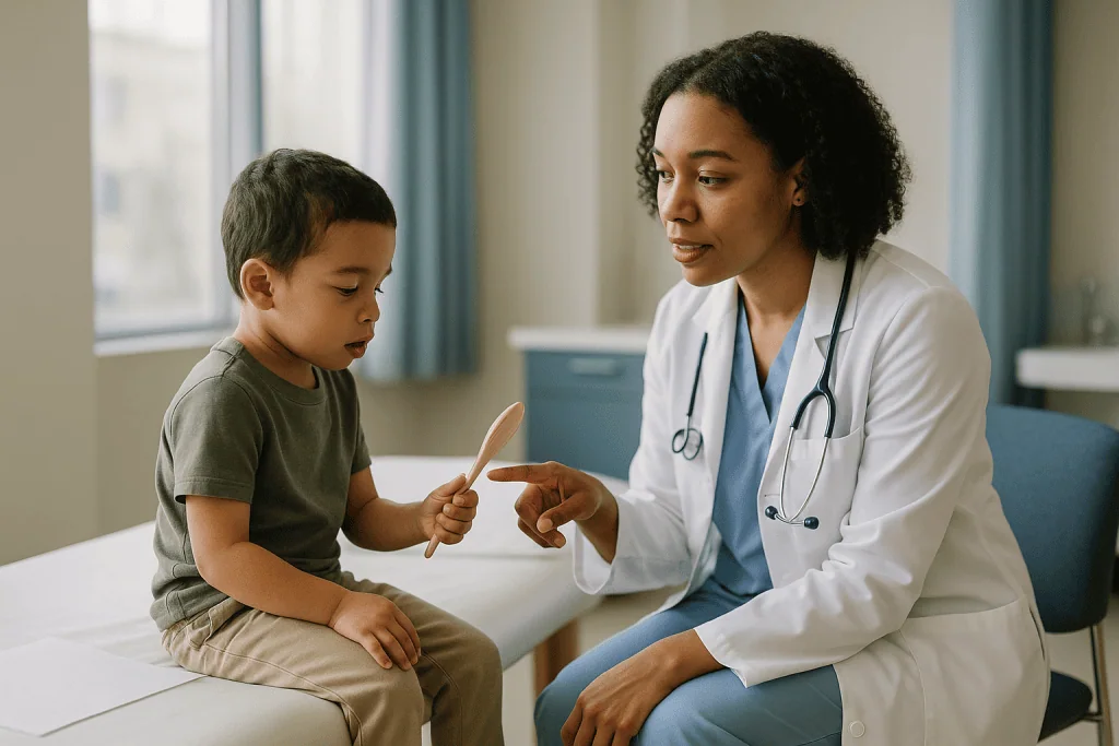 Female pediatrician consulting young boy in clinical setting: Why goals come before exercises: what the first evaluation loo