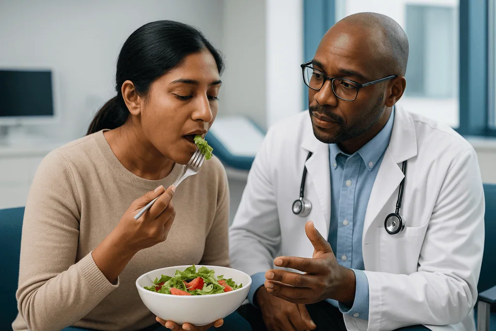 Doctor consulting patient about healthy salad nutrition: Why grafts for support are the heart of ethnic rhinoplasty