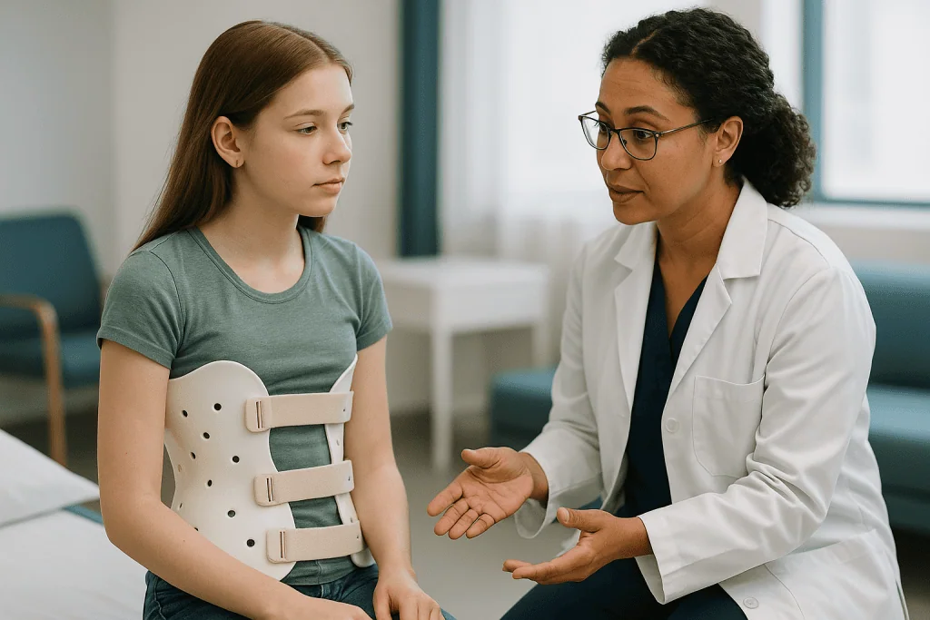 Doctor consulting adolescent patient wearing back brace: Why growth remaining matters more than the number alone
