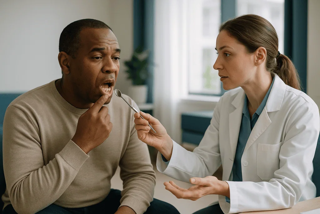Female dentist examining male patient's mouth with mirror: Why gum checks and tongue coating are central to finding the sour