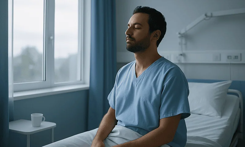 Man in hospital gown sitting on bed with eyes closed, calm and relaxed.