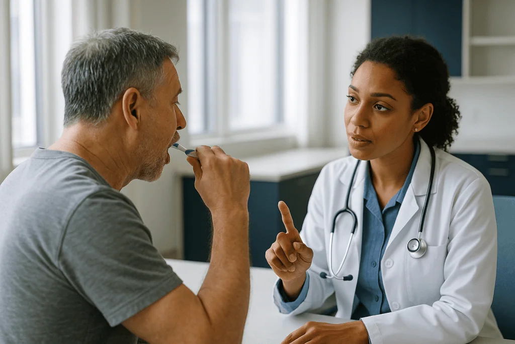Doctor consulting with patient during general medical exam: Why gums recede in the first place, and why brushing harder make