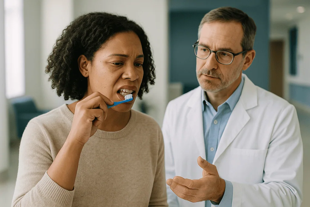 Dentist demonstrating proper tooth brushing technique to patient: Why gums recede: the three forces most often to blame