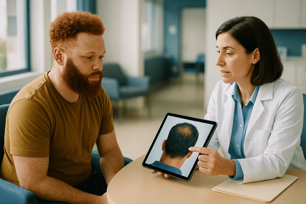 Doctor consulting patient about hair loss condition: Why hair color and skin contrast decide what the robot can see