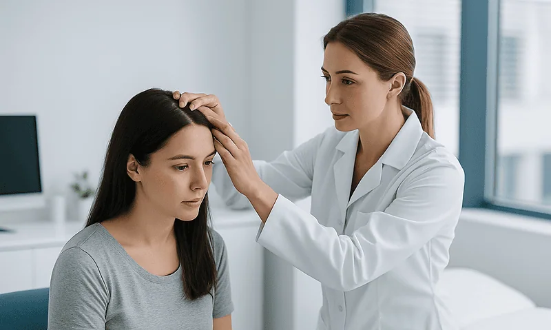 Doctor examining patient's scalp for hair transplant assessment.