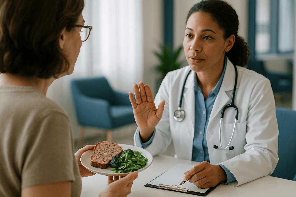 Doctor consulting patient about healthy diet with bread and greens: Why hashimoto diet myths are so persistent